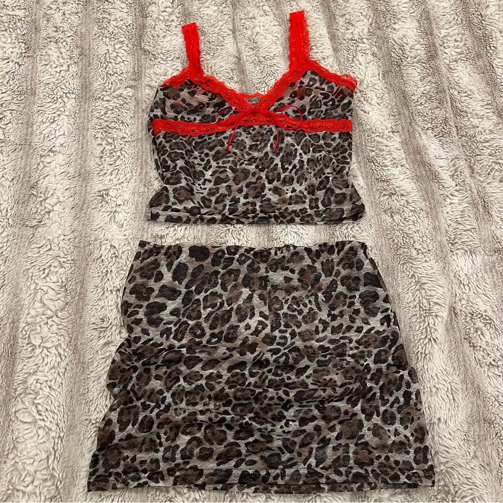 sheer lace leopard print cami top and skirt set